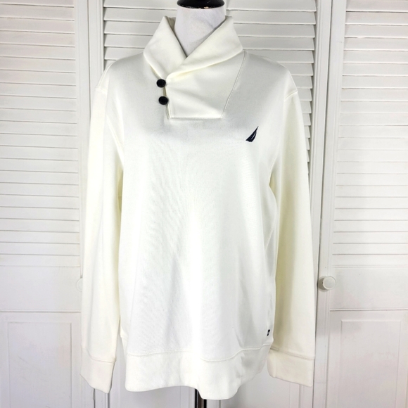 Nautica white long sleeve shawl high collar pullover cotton sweater - Picture 1 of 6